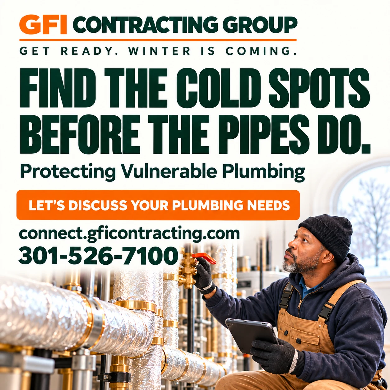 GFI winter plumbing graphic: Find the cold spots before the pipes do.